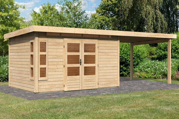 KARIBU Gartenhaus Kastorf 7, Naturbelassen, Fichtenholz 28mm, 702 X 244 X 222 Cm, Flachdach, Anbau 3,2m 1 KARIBU Gartenhaus Kastorf 7, Naturbelassen, Fichtenholz 28mm, 702 X 244 X 222 Cm, Flachdach, Anbau 3,2m