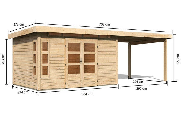 KARIBU Gartenhaus Kastorf 7, Naturbelassen, Fichtenholz 28mm, 702 X 244 X 222 Cm, Flachdach, Anbau 3,2m 5 KARIBU Gartenhaus Kastorf 7, Naturbelassen, Fichtenholz 28mm, 702 X 244 X 222 Cm, Flachdach, Anbau 3,2m – Bild 5
