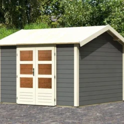 KARIBU Gartenhaus Theres 7, Terragrau, Fichtenholz 28mm, 337 X 304 X 250 Cm, Satteldach, Massivholzdach