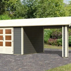 KARIBU Gartenhaus Theres 7, Terragrau, Fichtenholz 28mm, 648 X 304 X 250 Cm, Satteldach, Inkl. Dachausbauelement