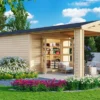 KARIBU Gartenhaus Theres 7, Naturbelassen, Fichtenholz 28mm, 947 X 304 X 250 Cm, Satteldach, 2 Dachausbauelemente