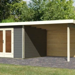 KARIBU Gartenhaus Radeburg 1, Terragrau, Fichtenholz 40mm, 664 X 309 X 229,5 Cm, Pultdach, Anbau 3,3m Mit Rückwand
