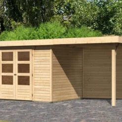 KARIBU Gartenhaus Askola 4, Naturbelassen, Fichtenholz 19mm, 554 X 217 X 211 Cm, Flachdach, Anbau 2,4m Mit Rückwand