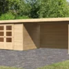 KARIBU Gartenhaus Askola 5, Naturbelassen, Fichtenholz 19mm, 591,5 X 246 X 211 Cm, Flachdach, Seitlicher Anbau 2,8m Mit Rückwand