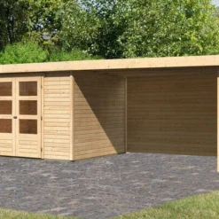 KARIBU Gartenhaus Askola 5, Naturbelassen, Fichtenholz 19mm, 591,5 X 246 X 211 Cm, Flachdach, Seitlicher Anbau 2,8m Mit Rückwand