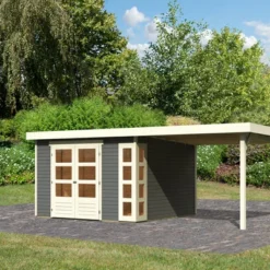 KARIBU Gartenhaus Kerko 6, Terragrau, Fichtenholz 19mm, 334 X 306 X 216 Cm, Flachdach, Anbau 2,8m