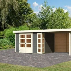 KARIBU Gartenhaus Kerko 5, Terragrau, Fichtenholz 19mm, 591,5 X 246 X 210 Cm, Flachdach, Anbau 2,8m Mit Rückwand