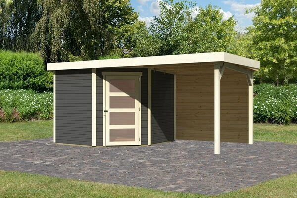KARIBU Gartenhaus Schwandorf 5, Terragrau, Fichtenholz 19mm, 493 X 246 X 218 Cm, Flachdach, Anbau 2,4m Mit Rückwand 1 KARIBU Gartenhaus Schwandorf 5, Terragrau, Fichtenholz 19mm, 493 X 246 X 218 Cm, Flachdach, Anbau 2,4m Mit Rückwand