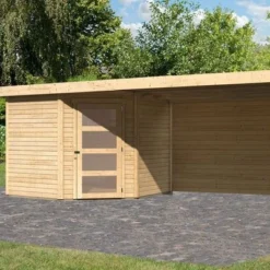 KARIBU Gartenhaus Schwandorf 5, Naturbelassen, Fichtenholz 19mm, 530 X 246 X 218 Cm, Flachdach, Anbau 2,8m Mit Rückwand