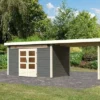 KARIBU Gartenhaus Kandern 7, Terragrau, Fichtenholz 28mm, 702 X 244 X 222 Cm, Pultdach, Anbau 3,2m