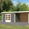 KARIBU Gartenhaus Kandern7 , Terragrau, Fichtenholz 28mm, 702 X 244 X 222 Cm, Pultdach, Anbau 3,2m Mit Rück- Und Seitenwand