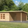 KARIBU Gartenhaus Northeim 5, Naturbelassen, Fichtenholz 40mm, 724 X 369 X 229 Cm, Pultdach, Anbau 3m Mit Rückwand