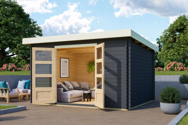 KARIBU Gartenhaus Bastrup 7, Anthrazit, Fichtenholz 28mm, 357 X 297 X 222 Cm, Pultdach, Eco Doppelflügeltür 1 KARIBU Gartenhaus Bastrup 7, Anthrazit, Fichtenholz 28mm, 357 X 297 X 222 Cm, Pultdach, Eco Doppelflügeltür