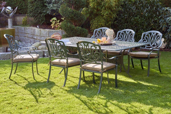 HARTMAN Amalfi Esstischgarnitur, Dunkelgrün, Alu-Guss, 6 Diningsessel, Inkl. Polster, 214x112 Cm 3 HARTMAN Amalfi Esstischgarnitur, Dunkelgrün, Alu-Guss, 6 Diningsessel, Inkl. Polster, 214x112 Cm – Bild 3