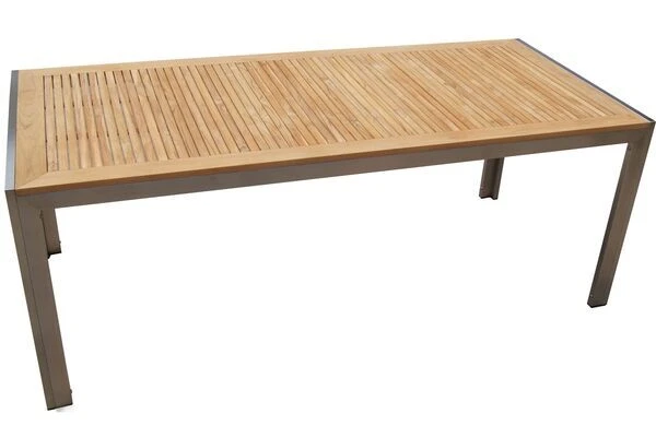 OUTFLEXX Sitzgruppe, Schwarz, Edelstahl/Teak, Esstisch 200 X 90 Cm, 6 Stapelstühle Gepolstert 4 OUTFLEXX Sitzgruppe, Schwarz, Edelstahl/Teak, Esstisch 200 X 90 Cm, 6 Stapelstühle Gepolstert – Bild 4