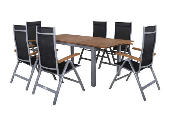 VILLANA Esstischgarnitur, Silber/schwarz, Alu/ FSC-Akazienholz, Ausziehtisch 150/200 Cm, 6 Multipositionssessel 3 VILLANA Esstischgarnitur, Silber/schwarz, Alu/ FSC-Akazienholz, Ausziehtisch 150/200 Cm, 6 Multipositionssessel – Bild 3