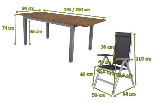 VILLANA Esstischgarnitur, Silber/schwarz, Alu/ FSC-Akazienholz, Ausziehtisch 150/200 Cm, 6 Multipositionssessel 5 VILLANA Esstischgarnitur, Silber/schwarz, Alu/ FSC-Akazienholz, Ausziehtisch 150/200 Cm, 6 Multipositionssessel – Bild 5