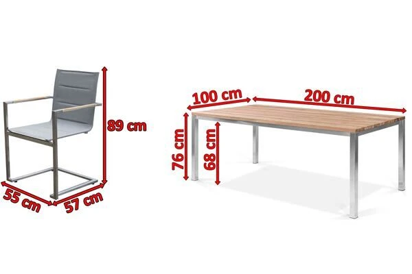 OUTFLEXX Esstischgarnitur, Edelstahl / FSC-Teak, Tisch 200 X 100 Cm, 6 Freischwinger Padded, Taupe 5 OUTFLEXX Esstischgarnitur, Edelstahl / FSC-Teak, Tisch 200 X 100 Cm, 6 Freischwinger Padded, Taupe – Bild 5