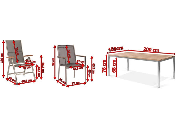 STERN Cardiff Esstischgruppe, Silber/silbergrau, Edelstahl/Teak, Tisch 200 X 100 Cm, 6 Stapel-, 2 Multipositionssessel 5 STERN Cardiff Esstischgruppe, Silber/silbergrau, Edelstahl/Teak, Tisch 200 X 100 Cm, 6 Stapel-, 2 Multipositionssessel – Bild 5
