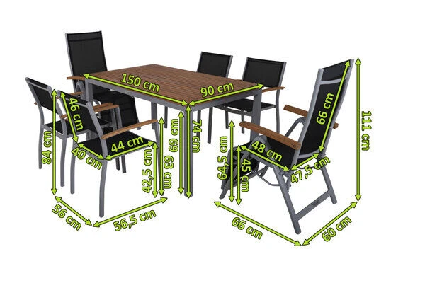 VILLANA Esstischset, Silber/schwarz, Alu/FSC-Akazie, Gartentisch 150 X 90 Cm, 2 Relaxsessel, 4 Stapelsessel 5 VILLANA Esstischset, Silber/schwarz, Alu/FSC-Akazie, Gartentisch 150 X 90 Cm, 2 Relaxsessel, 4 Stapelsessel – Bild 5