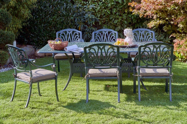 HARTMAN Amalfi Esstischgarnitur, Dunkelgrün, Alu-Guss, 6 Diningsessel, Inkl. Polster, 214x112 Cm 6 HARTMAN Amalfi Esstischgarnitur, Dunkelgrün, Alu-Guss, 6 Diningsessel, Inkl. Polster, 214x112 Cm – Bild 6