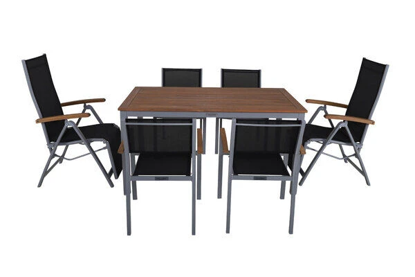 VILLANA Esstischset, Silber/schwarz, Alu/FSC-Akazie, Gartentisch 150 X 90 Cm, 2 Relaxsessel, 4 Stapelsessel 6 VILLANA Esstischset, Silber/schwarz, Alu/FSC-Akazie, Gartentisch 150 X 90 Cm, 2 Relaxsessel, 4 Stapelsessel – Bild 6