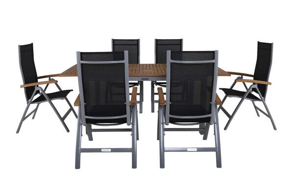 VILLANA Esstischgarnitur, Silber/schwarz, Alu/ FSC-Akazienholz, Ausziehtisch 150/200 Cm, 6 Multipositionssessel 9 VILLANA Esstischgarnitur, Silber/schwarz, Alu/ FSC-Akazienholz, Ausziehtisch 150/200 Cm, 6 Multipositionssessel – Bild 9